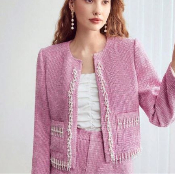 Jackets & Blazers - Elegant Pink Tweed Women's Jacket
